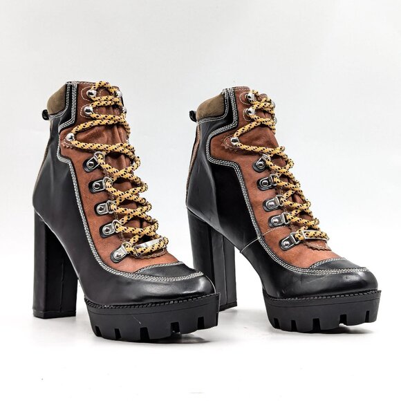 Public Desire Women Dakota Brown Black Vegan Leather Heel Ankle boots size 7 - Picture 1 of 11